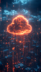 Fototapeta premium Glowing cloud symbol above futuristic city.