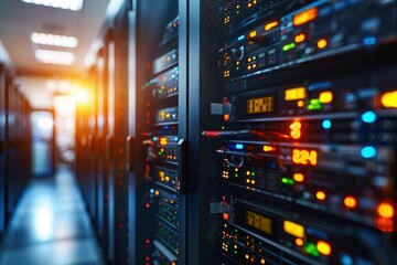 A row of server racks with glowing indicator lights in a modern data center, highlighting advanced technology and networking systems.