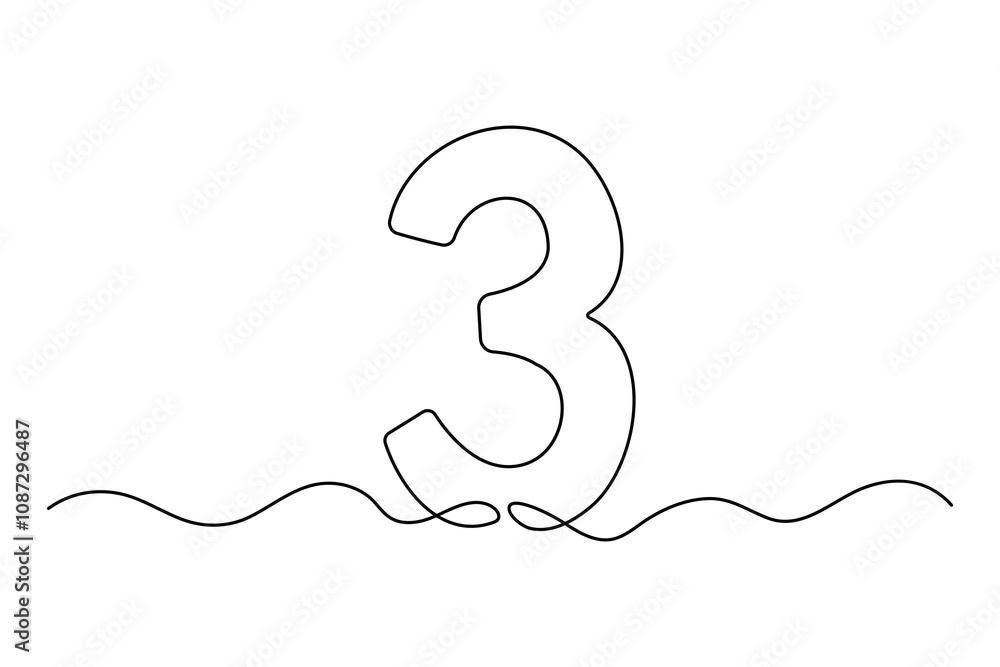 Poster number three continuous one line drawing of number 3. editable one line drawing of number 3 icon. ve