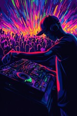 Vibrant DJ Adjusting Mixer with Neon Effects