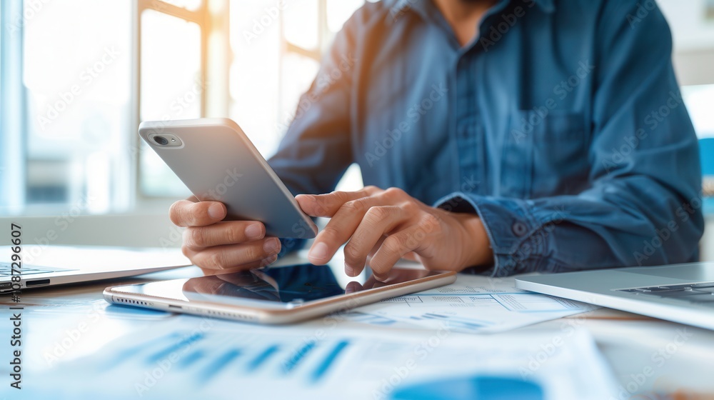 Poster A man working with a smartphone and tablet on a desk, surrounded by charts and reports, highlighting multitasking and modern business tasks.