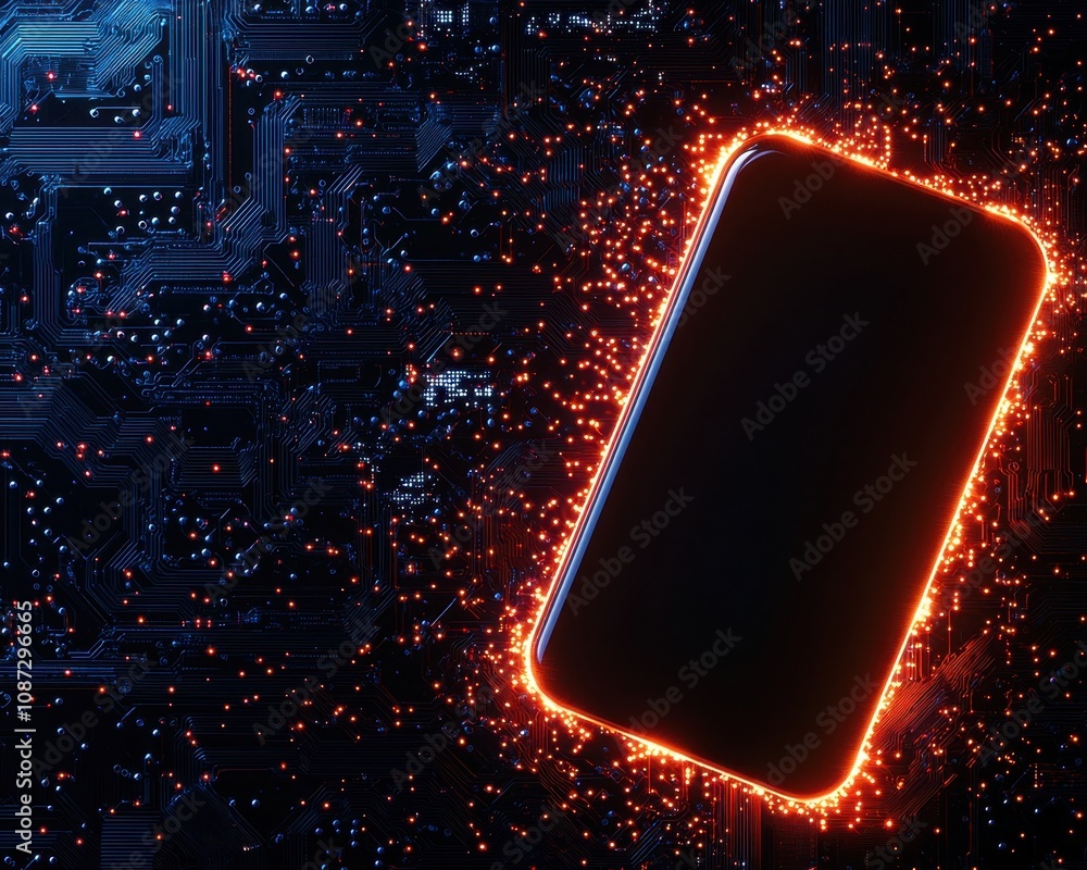 Poster a glowing smartphone is surrounded by a digital circuit pattern, showcasing a fusion of technology a