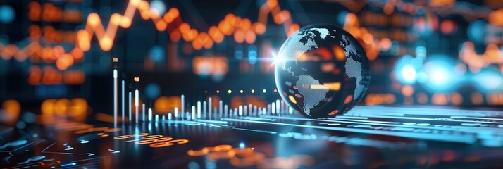 A glowing digital globe surrounded by financial graphs and charts, symbolizing global business, economic analysis, and technology integration.