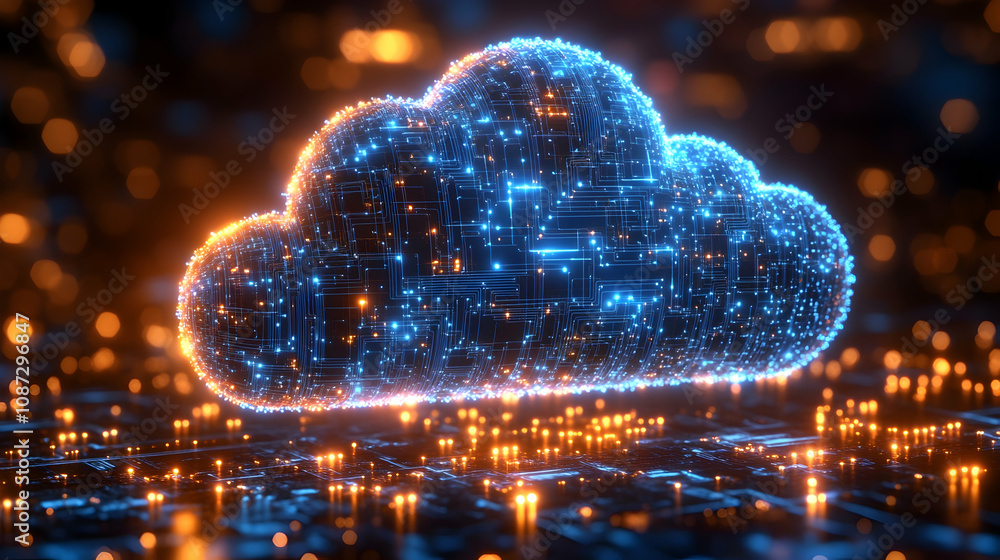 Poster glowing digital cloud computing network.