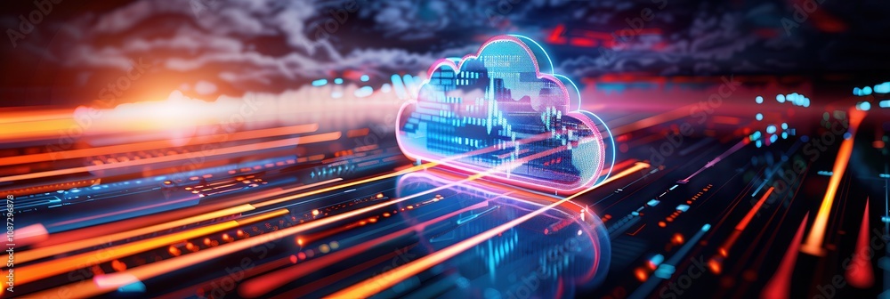 Poster a digital cloud icon surrounded by glowing data streams and a futuristic background, symbolizing adv