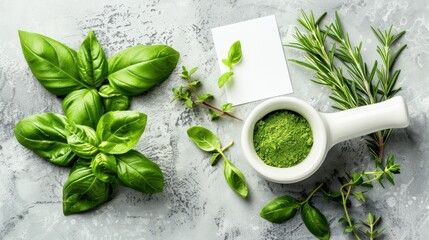 Fresh basil, rosemary, and ground herbs in mortar and pestle on a textured surface. Represents organic cooking, herbal preparation, and natural flavor in culinary arts.