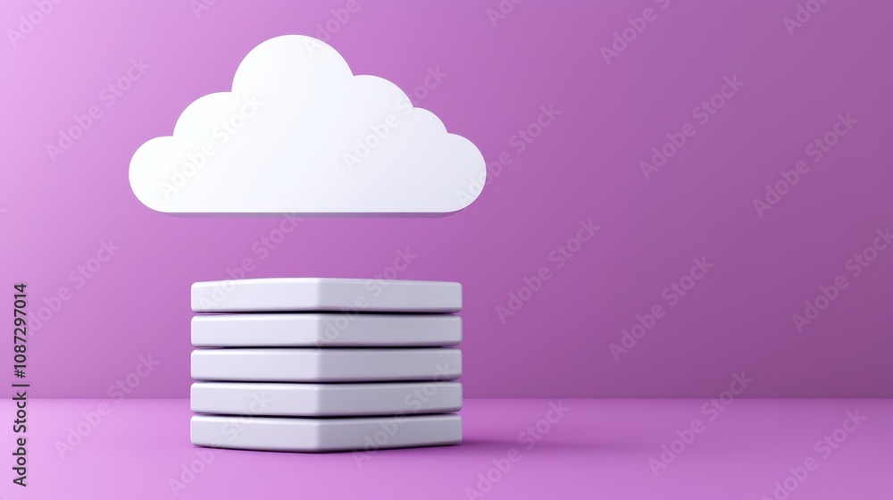 Poster a stylized cloud above stacked servers on a purple background, representing cloud computing and data