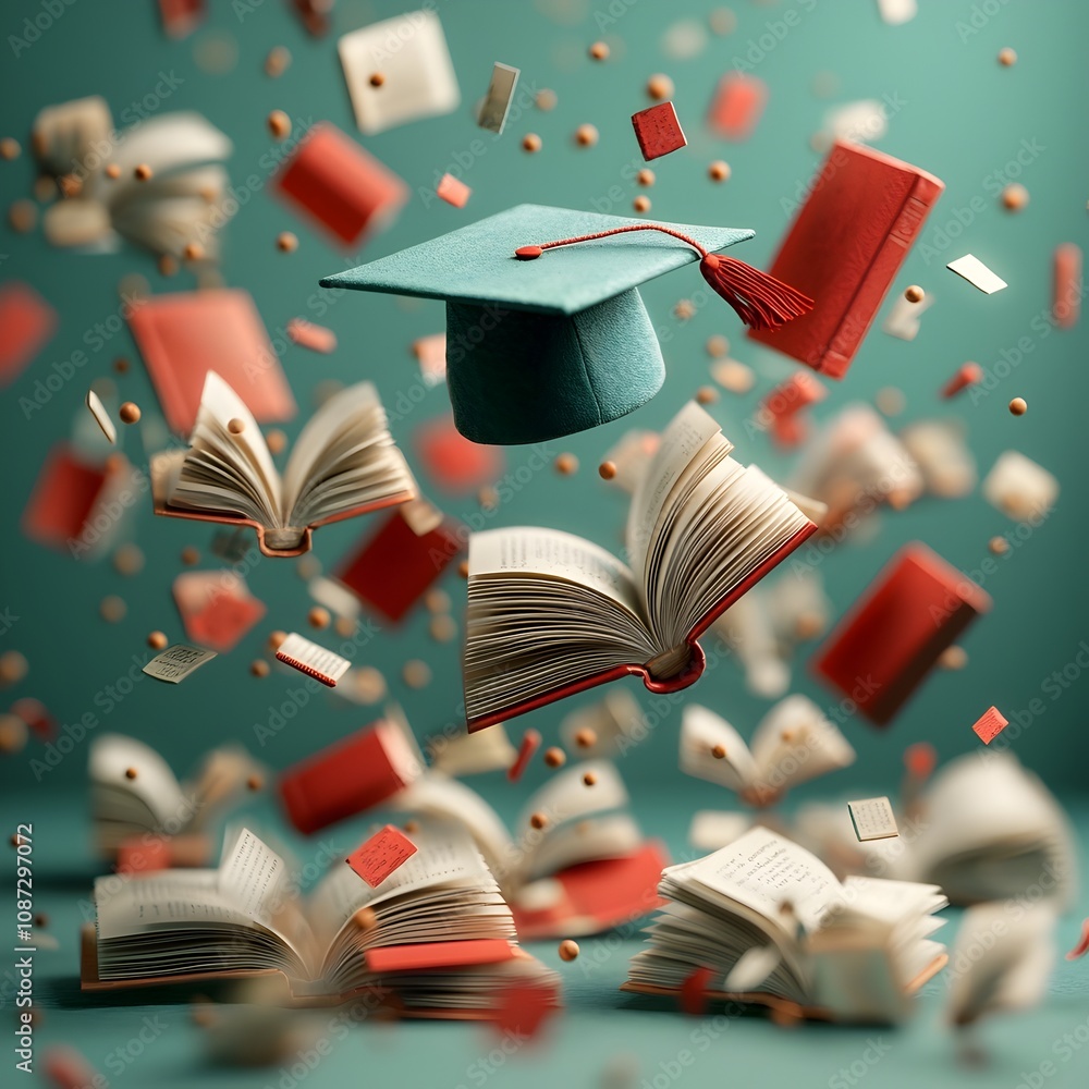 Poster a whimsical and surreal image depicting a graduation cap floating above a scattered array of open bo
