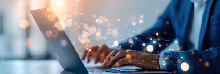 A close-up of hands typing on a laptop with glowing digital network connections, representing innovation and modern technology.