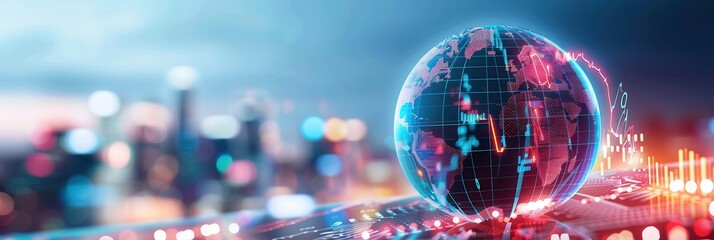 A glowing digital globe displaying a world map with financial data overlays and charts, set against a vibrant cityscape background.