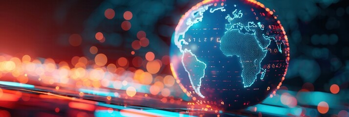 Illuminated globe featuring a world map with glowing data points and futuristic red and blue light effects representing technology.