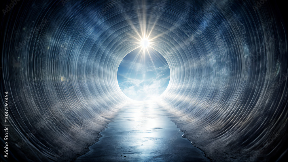 Poster light beams radiate from the end of a dark tunnel, revealing a bright sky filled with soft clouds. t