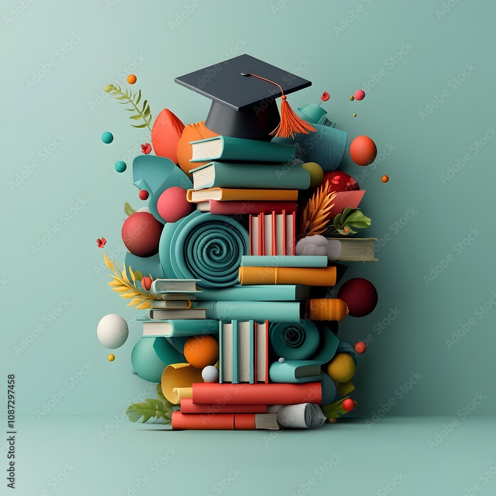 Poster whimsical imaginative composition of a graduation cap soaring above a sprawling stack of books sugge