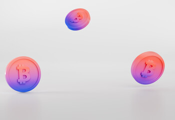 3d colorful rendering gradient orange pink and purple bitcoin coins set	on a white isolated background