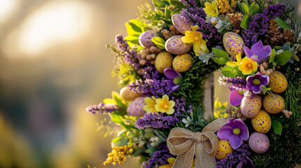 Easter wreath embellished with purple flowers and speckled eggs on a golden background, copy space