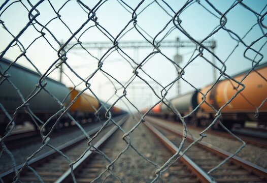 Chain-link fence with two freight trains on parallel tracks under clear sky