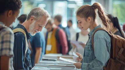 A group of election volunteers assisting voters at a busy polling station, ensuring a smooth and fair voting process