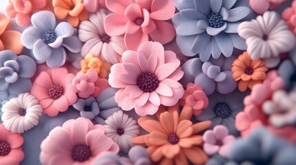 A vibrant bouquet of felt flowers, a delightful 3D rendering showcasing pastel hues and intricate details.  Soft textures and gentle colors evoke serenity.