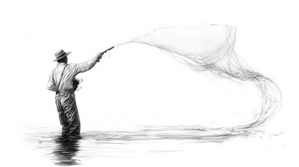 Pencil sketch outline of a fisherman throwing a net at lake sea
