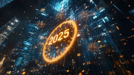2025: A dazzling New Year's Eve countdown in a futuristic cityscape, fireworks illuminating the night sky.