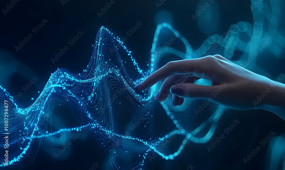 Poster abstract image of a hand interacting with a flowing, luminous blue data stream, representing digital