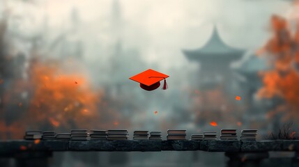 Vibrant Graduation Cap Suspended in Ethereal Academic Landscape   Abstract Minimalist Composition Symbolizing Transcendence of Academic Constraints