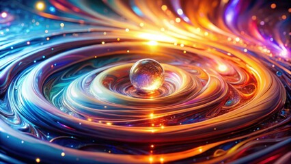 Obraz premium A glittering sphere suspended within a swirling vortex of vibrant, iridescent hues and luminous particles.