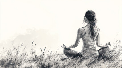 Pencil sketch outline of a woman practices yoga in grassy meadow at sunrise