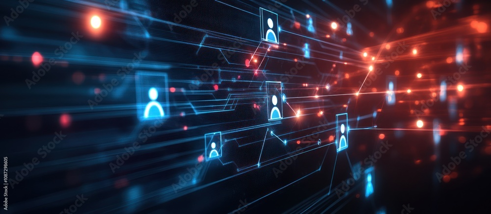 Aufkleber digital network visualization with user icons and interconnected lines.