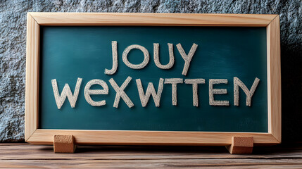 A Chalkboard Sign with the Word 'JOUY WEXWT TEN' Written in White Chalk on a Green Background