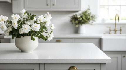 modern kitchen with white flower arrangement in vase