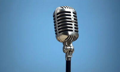 Classic vintage microphone against a vibrant blue backdrop, ideal for podcasting, broadcasting, or music-related projects.
