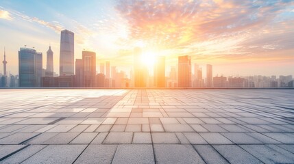Empty square floor with city skyline background, City skyline under a celestial spectacle, meteor shower or comet passing over the urban landscape