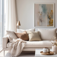 Beige Sofa with Neutral Pillows Abstract Art and Throw Blanket