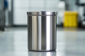 A sleek, stainless steel container stands centered on a smooth surface, reflecting light, with a blurred background hinting at an industrial setting.