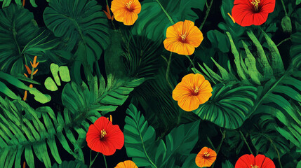 Fototapeta premium Lush rainforest inspiration with vibrant green leaves and tropical flowers for nature designs - seamless pattern texture png