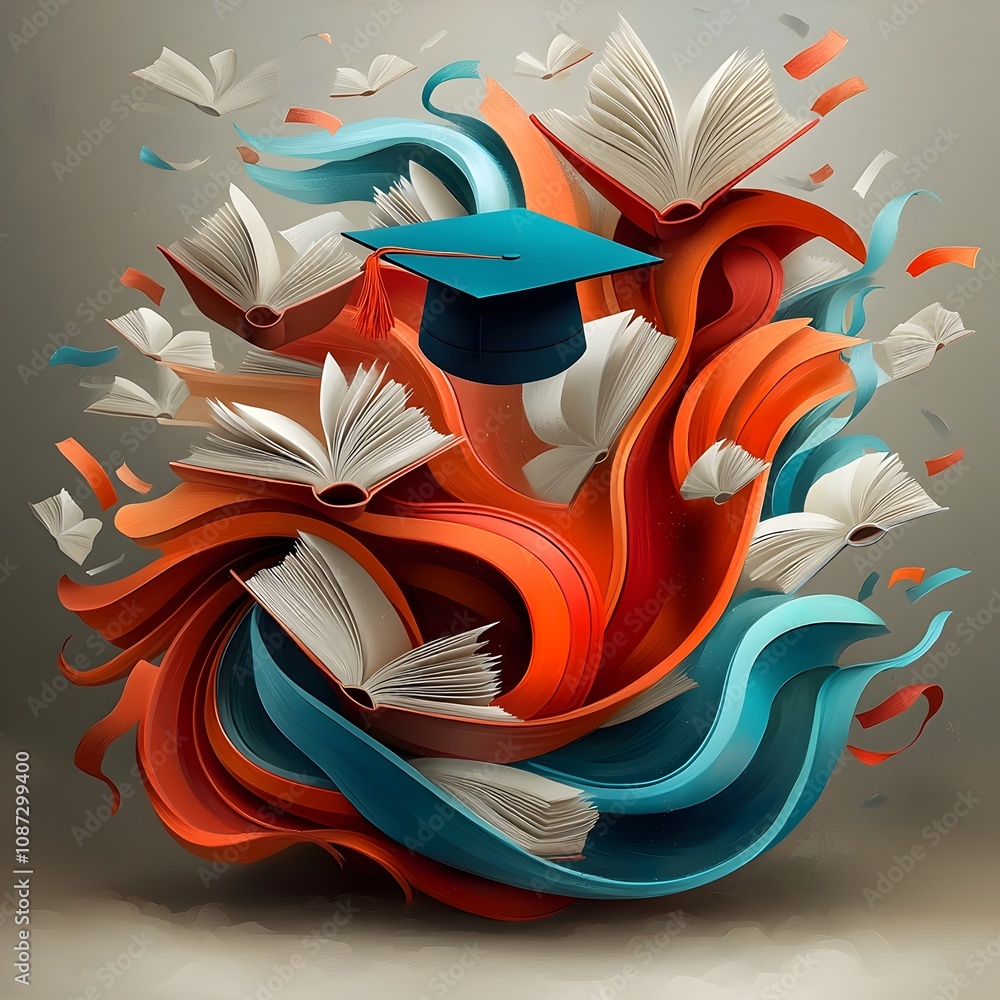 Poster a whimsical surreal image of a graduation cap floating amidst a swirling cloud of open books their p