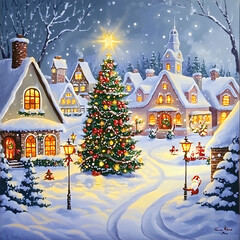 Fototapeta premium Charming Winter Wonderland Scene Featuring Snow-Covered Houses, Twinkling Holiday Lights, a Festive Christmas Tree, and a Serene Night Sky Filled with Flurries