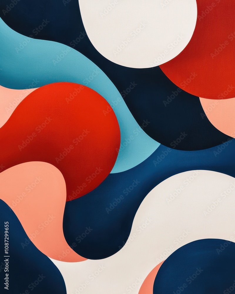 Poster a vibrant abstract design featuring flowing shapes in red, blue, and cream, creating a dynamic and v