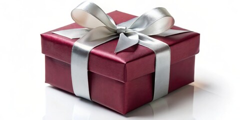 Obraz premium A burgundy gift box with a silver ribbon tied in a bow, reflecting on a white background