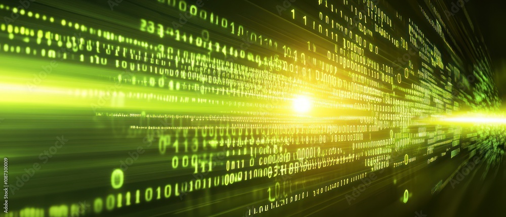 Poster abstract digital background with glowing binary codes and light rays.