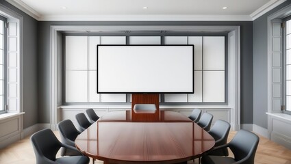 mockup screen. A modern conference room featuring a large screen, a wooden table, and comfortable chairs, designed for meetings and presentations.