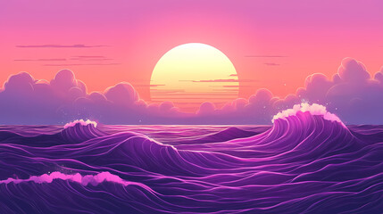 Vibrant ocean sunset with pink and purple. Dreamlike Ocean Waves. Illustration
