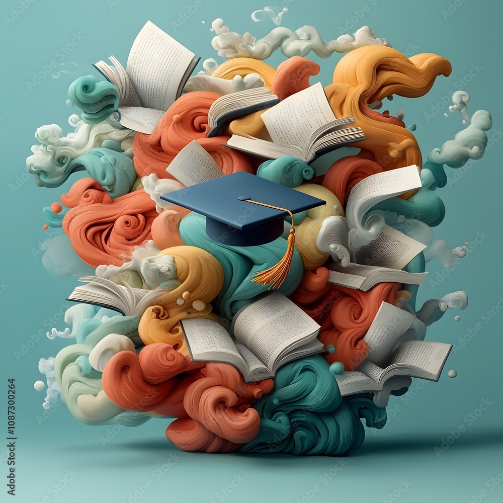 Poster whimsical surreal image of a graduation cap floating amidst a swirling cloud of open books their pag