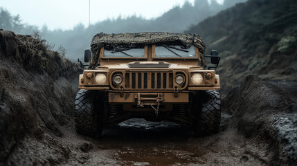Obraz premium A rugged military vehicle navigating through a muddy off-road terrain in a forested area during rainy weather conditions, showing resilience and capability in harsh environments.
