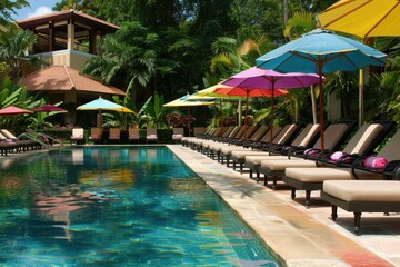 Poolside Relaxation Offers Tropical Escape with Umbrellas and Lounge Chairs