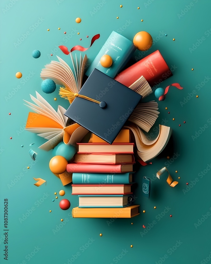 Poster whimsical illustrated composition featuring a graduation cap playfully interacting with a stack of c