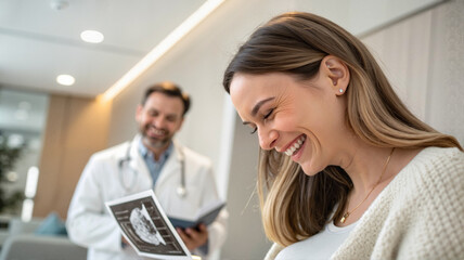 Fototapeta premium Pregnant woman smiling during ultrasound consultation