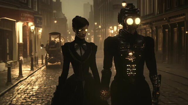 Elegant victorian woman walks alongside a steampunk automaton down a cobblestone street at night, illuminated by the warm glow of gas lamps, creating a captivating atmosphere