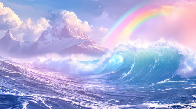 Majestic ocean wave with rainbow and mountains. Dreamlike Ocean Waves. Illustration